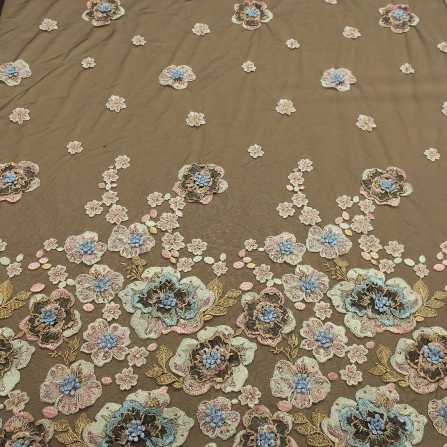 Black Tulle with Pink and Light Blue Floral Design Embroidered Beads Fabric