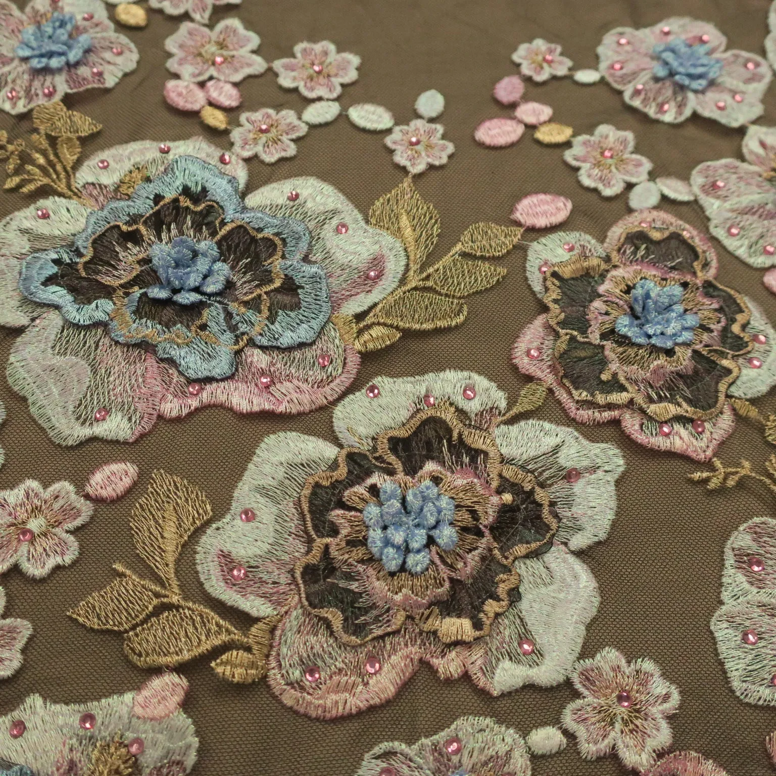 Black Tulle with Pink and Light Blue Floral Design Embroidered Beads Fabric