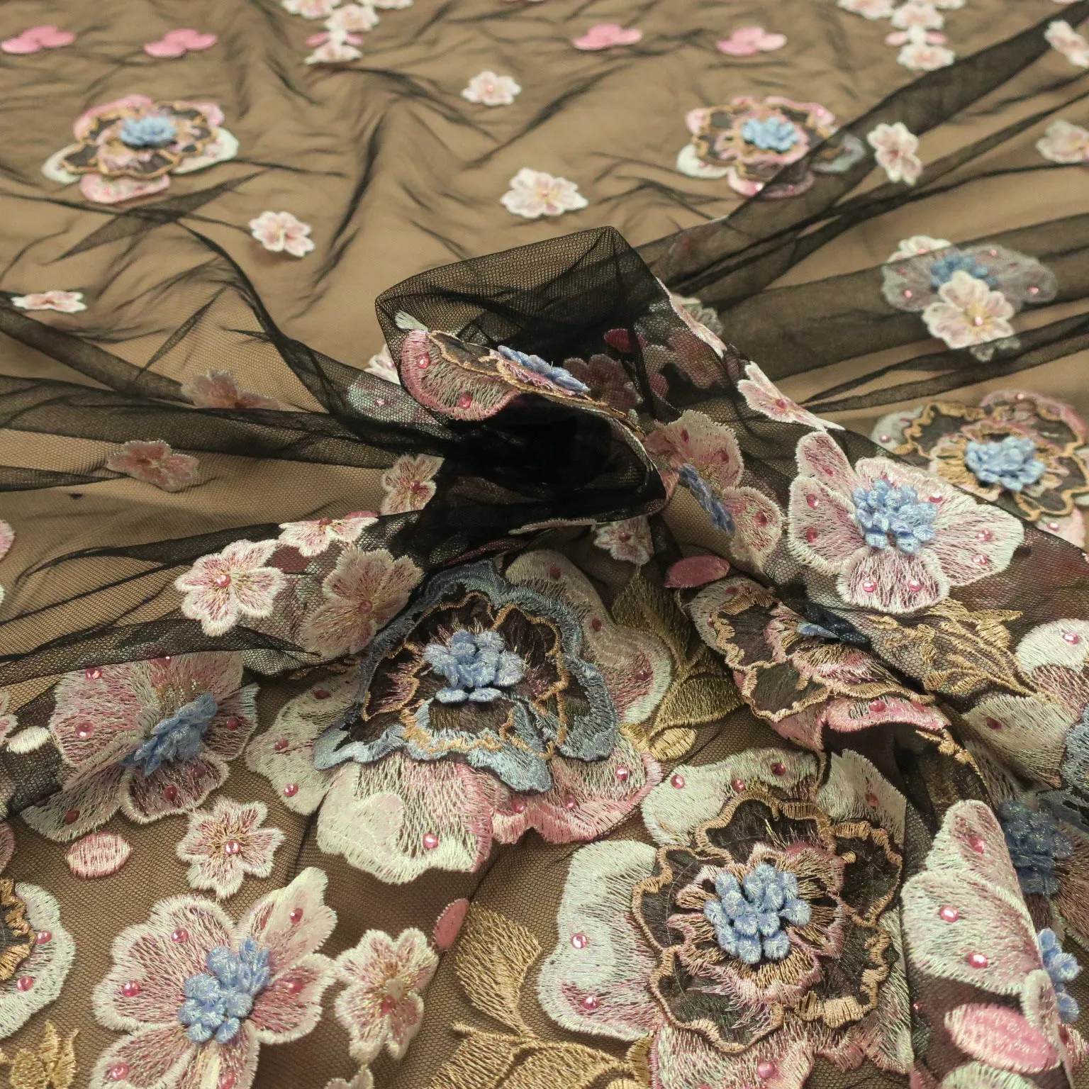 Black Tulle with Pink and Light Blue Floral Design Embroidered Beads Fabric